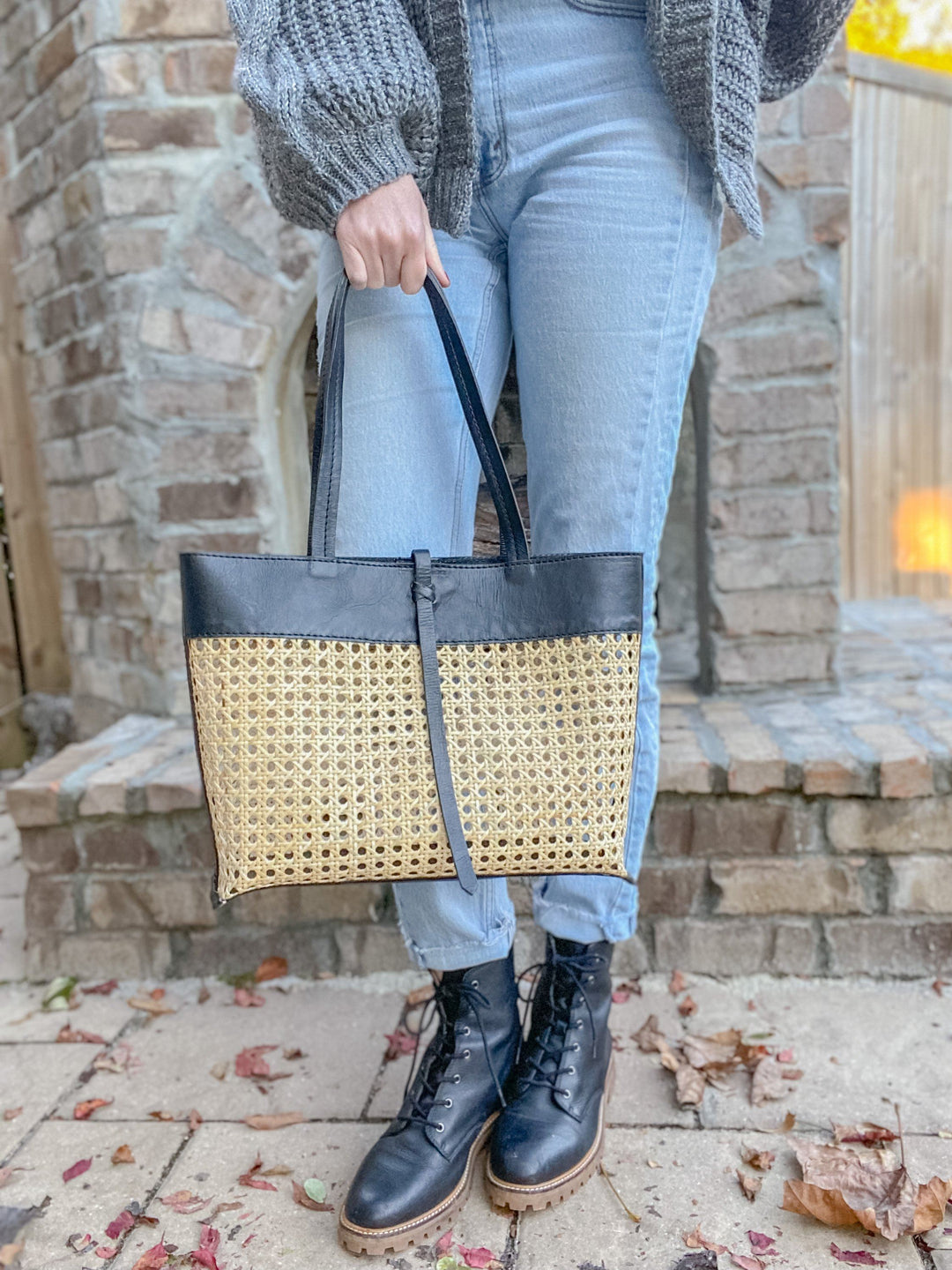 Madeline Cane and Leather Tote in Black by POPPY + SAGE