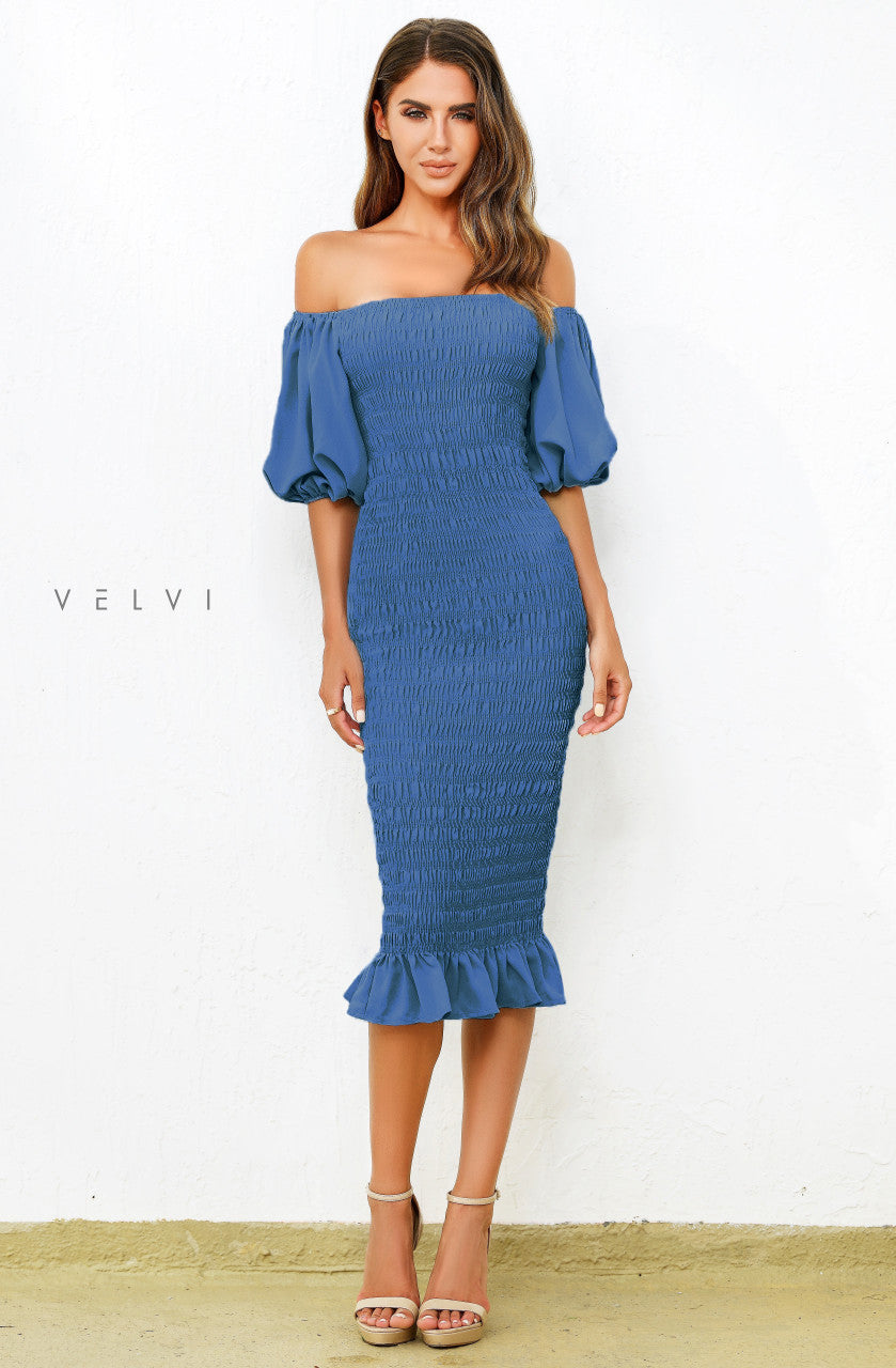 tokyo sky midi dress Shop the Elegant Skyla Shirred Midi Dress in Navy