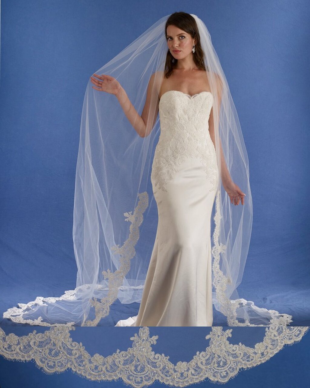 Marionat Chapel Length Beaded Bridal Veil – New Marionat Bridal Veils 6096 - Beaded embroidered leaf design  main image 3
