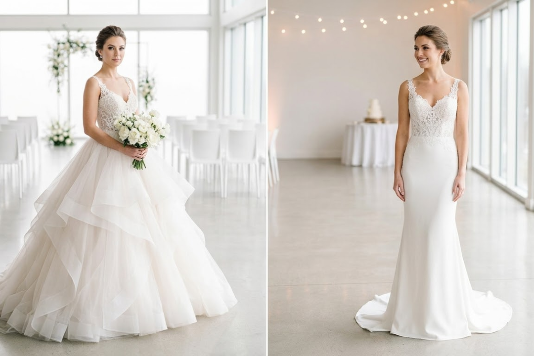 Wedding dress second look with detachable overskirt transformation.