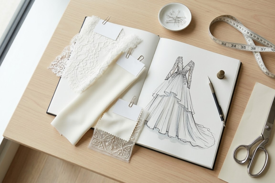 Custom wedding dress design process with fabric swatches and sketch.