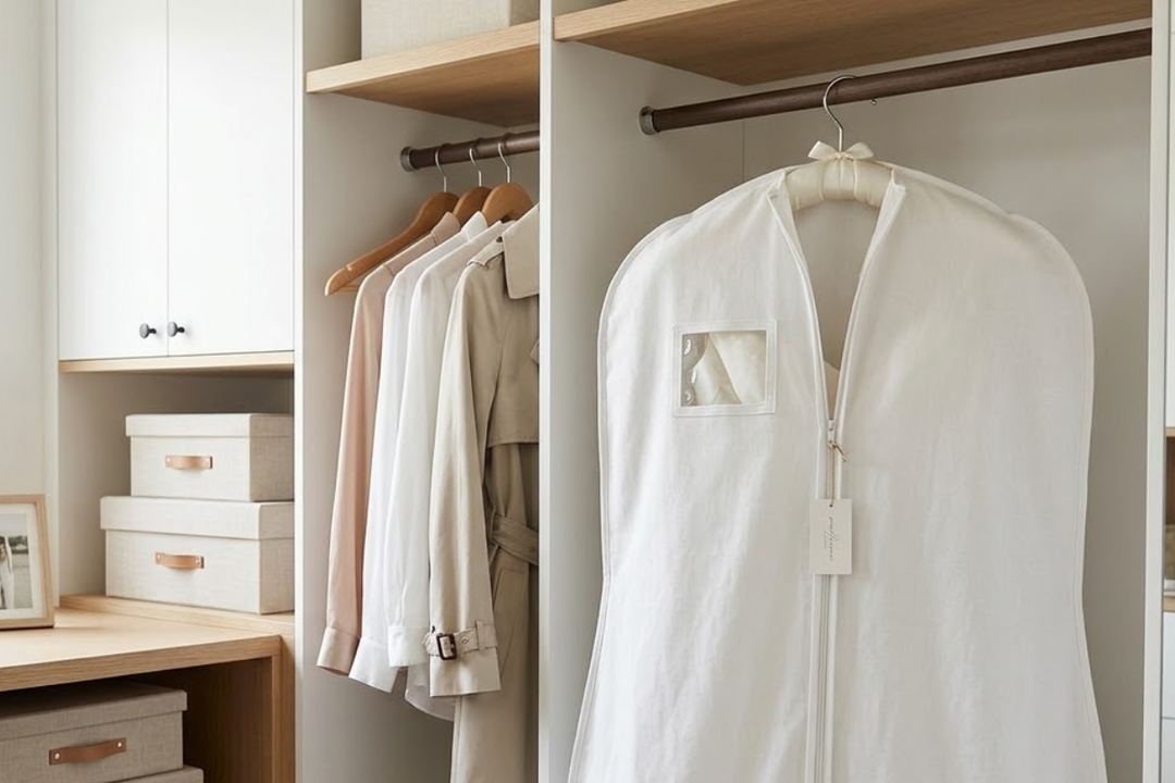 Wedding dress stored in breathable garment bag in closet.