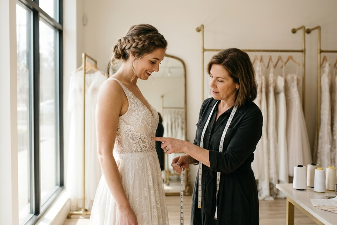Bride consulting seamstress about wedding dress alterations pins and measurements.