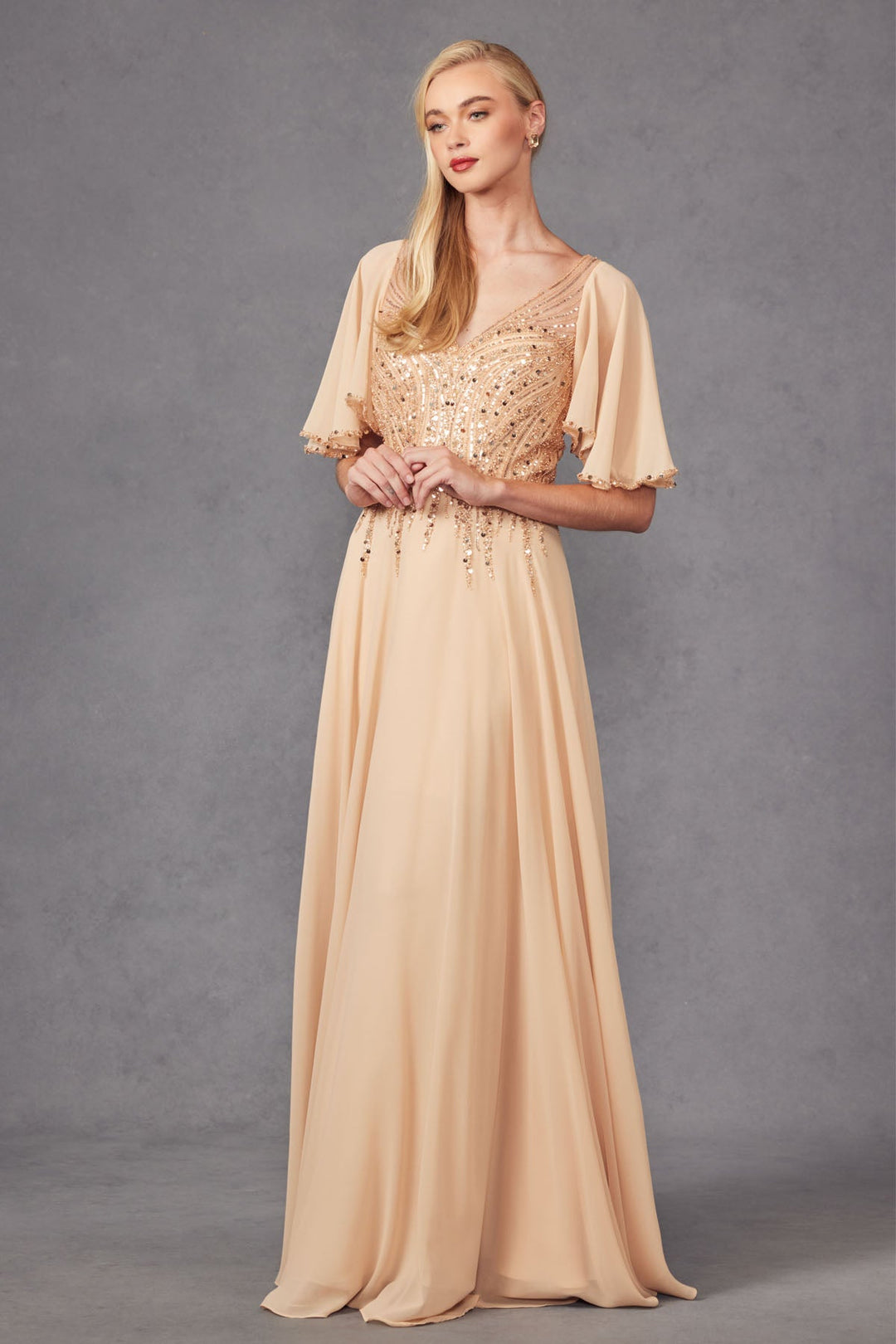 Chiffon Sleeves Deep V-Neck Embroidered Sequin Long Mother Of The Bride Dress JTJTM14F