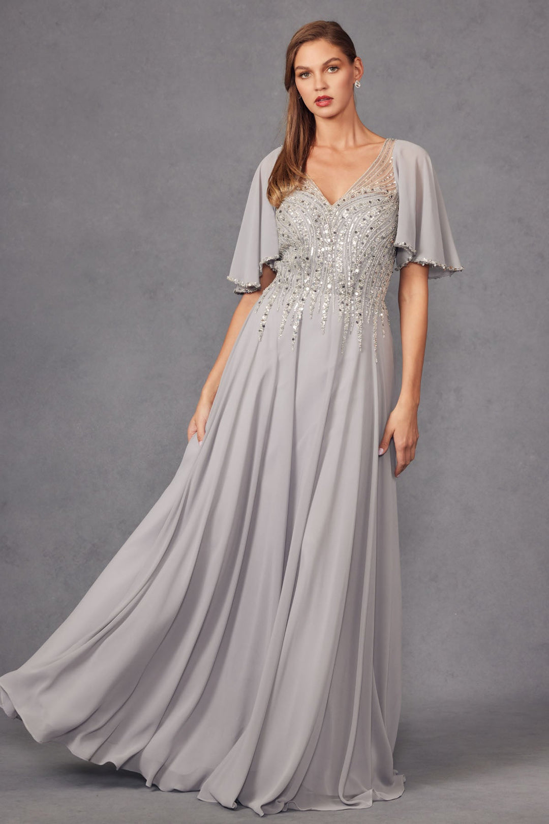 Chiffon Sleeves Deep V-Neck Embroidered Sequin Long Mother Of The Bride Dress JTJTM14F