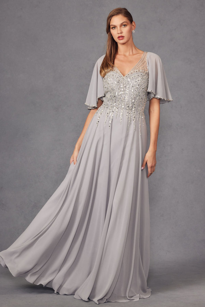 Chiffon Sleeves Deep V-Neck Embroidered Sequin Long Mother Of The Bride Dress JTJTM14F