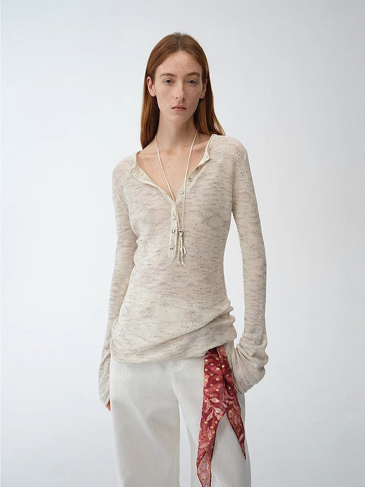 Fashionable cotton and linen beaded fancy yarn waisted bell sleeves round neck cardigan knitted top"Perry Moonlight" by Firelady Fur