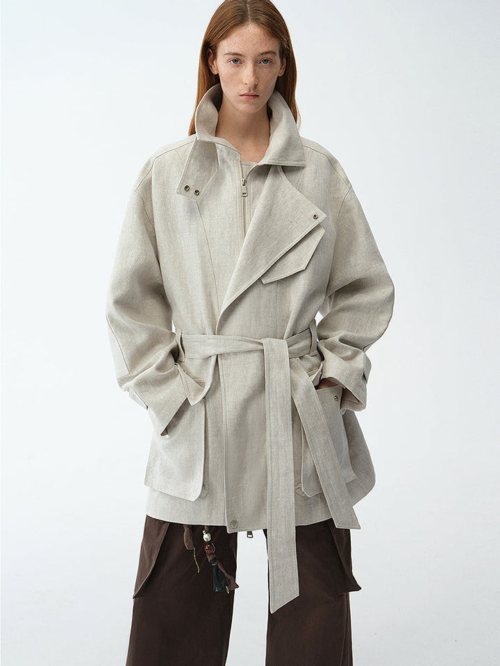 Relaxed Gold Linen Blend Lace-Up Mid-Length Trench Coat Spring"Flynn Magazine" by Firelady Fur