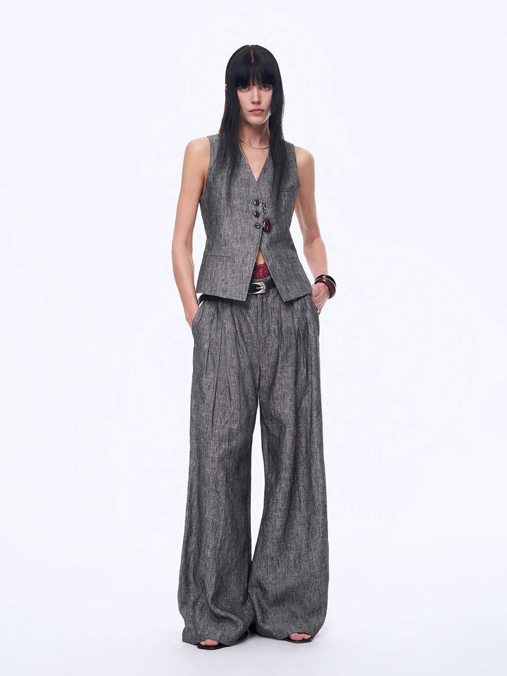 Fireladyfur Women's Linen Suit Set: Draped Vest & High-Waist Straight Trousers"Old Money Space" by Firelady Fur