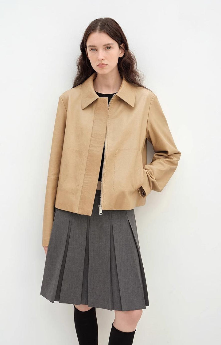 "Miss Sven" Lapel Two-tone Wax Sheepskin Short Jacket Leather Coat Women by Firelady Fur
