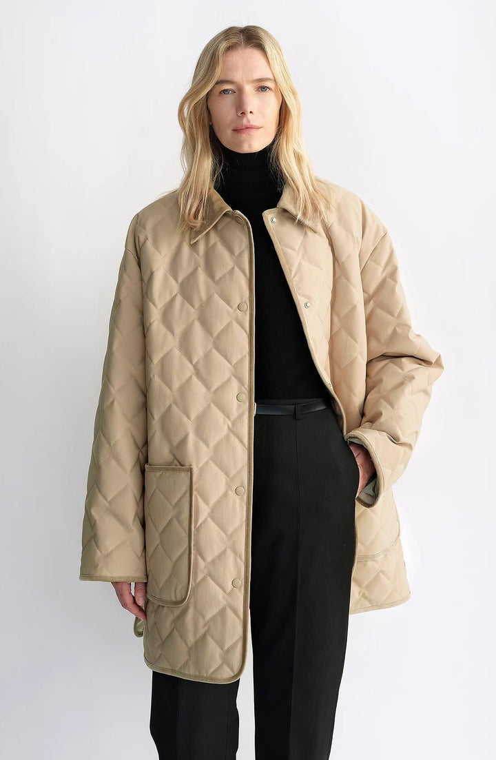 "Diamond Texture" Splicing Lapel 90 White Goose Down Barn Jacket Down Jacket Women by Firelady Fur