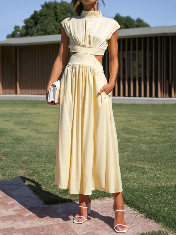 Cap Sleeve Belly-Hollow Pleated Solid Color Stand Collar Maxi Dresses by migunica