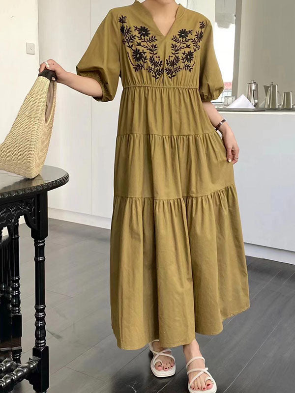 Bishop Sleeve Loose Embroidered Pleated V-Neck Midi Dresses by migunica