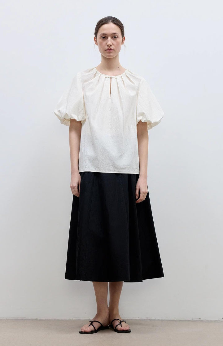 "Iceland Diary" neckline pleated design round neck tie puff sleeve short sleeve shirt for women by Firelady Fur