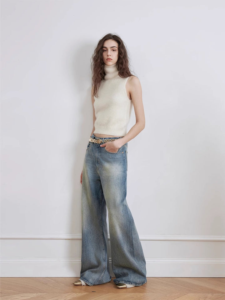 "Magic Dream" Retro Modern Washed Chicken Claw Wrinkled Jeans Women's Spacious Straight Wide Leg Pants by Firelady Fur