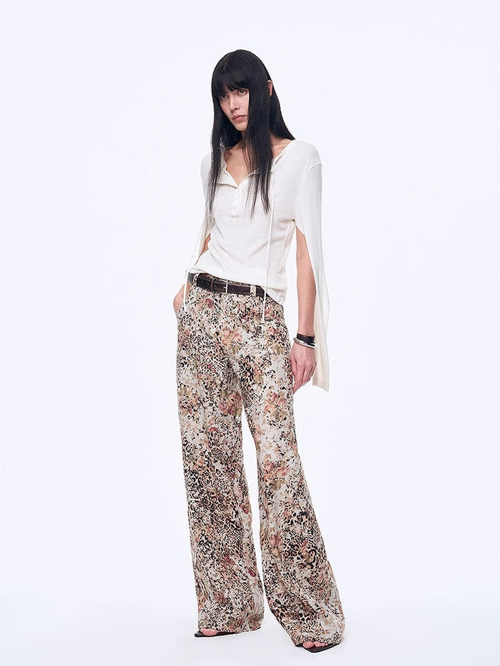 Vintage Print Linen Blend Cut Scimitar Wide Leg Casual Pants"Slow Paris" by Firelady Fur