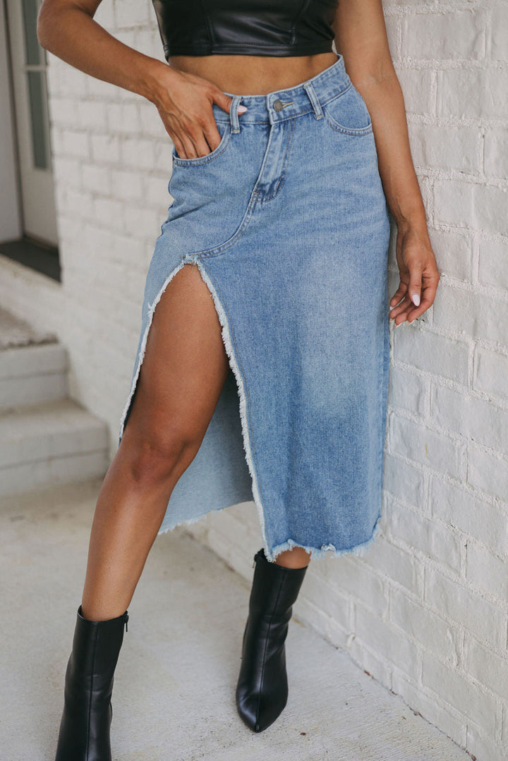 Cheyenne Frayed Slit Asymmetric Denim Midi Skirt by Threaded Pear