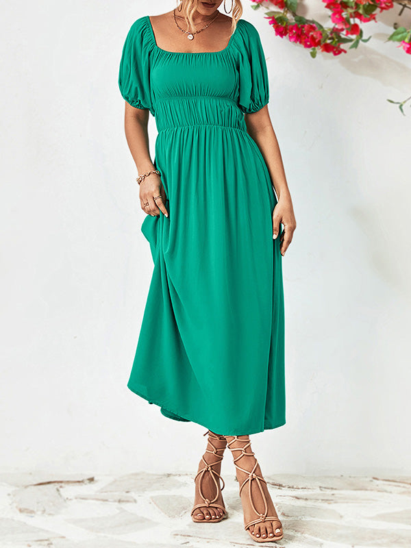 Loose Short Sleeves Solid Color Off-The-Shoulder Midi Dresses by migunica