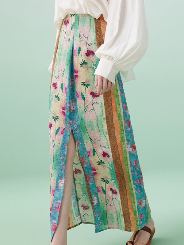 Wrap Contrast Color Flower Print Split-Front Skirts Bottoms by migunica