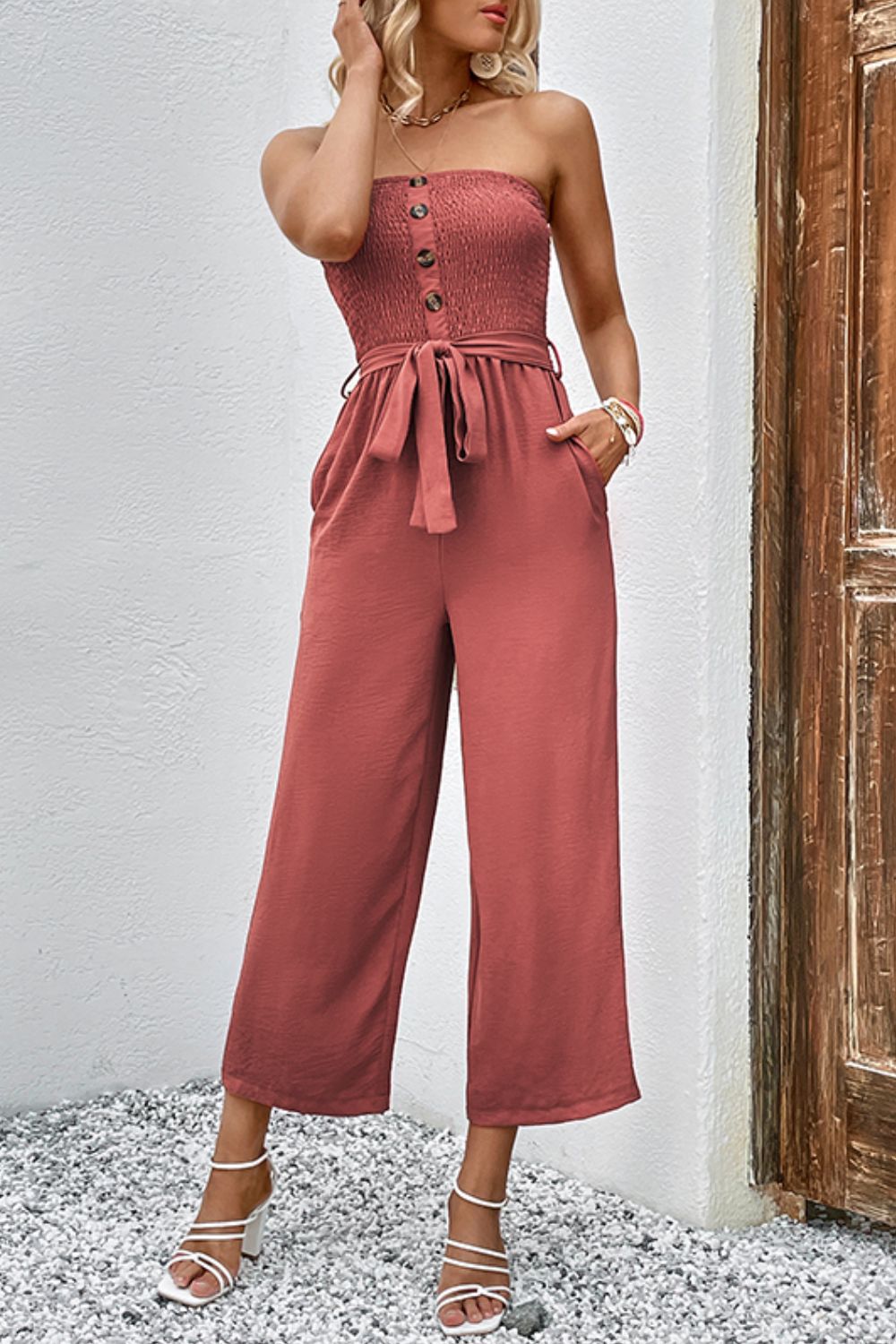 Decorative Button Strapless Smocked Jumpsuit with Pockets by Coco Charli