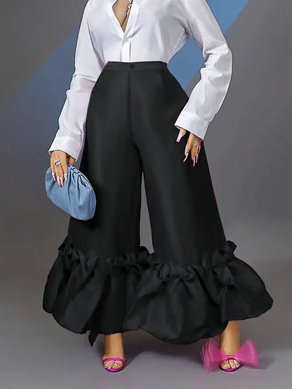 Loose Wide Leg Buttoned Falbala High-Waisted Solid Color Flared Trousers Pants by migunica
