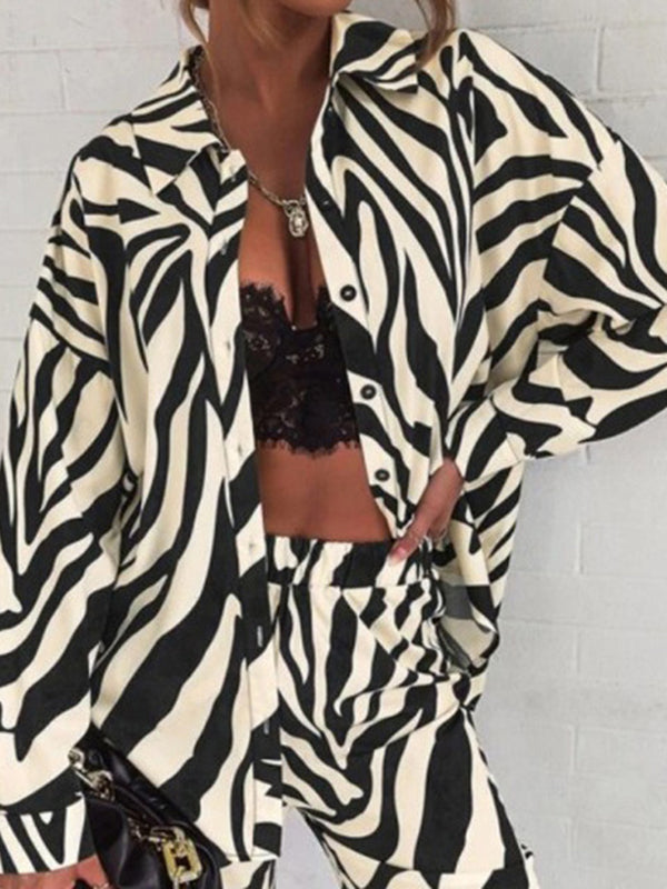Zebra-Stripe Plus Size Lapel Blouses Top + Pants Bottom Two Pieces Set by migunica