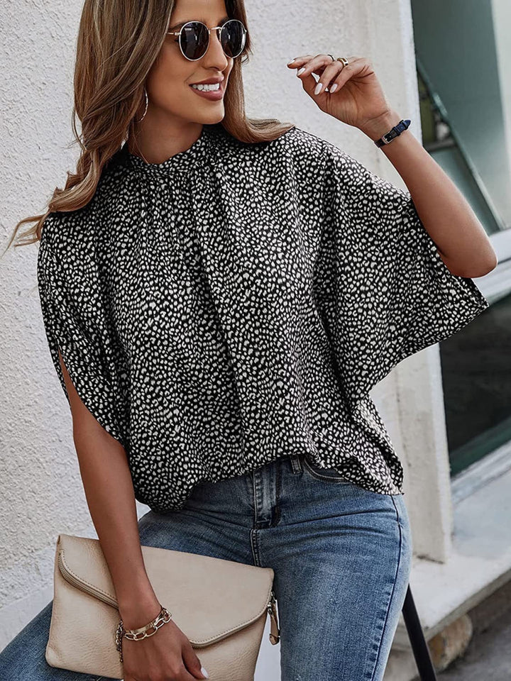 Tied Printed Mock Neck Half Sleeve Blouse by Coco Charli