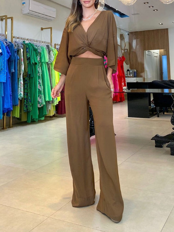 Solid Color Triangle Bras + Three-Quarter Sleeves Blouse + Pants Trousers Three Pieces Set by migunica