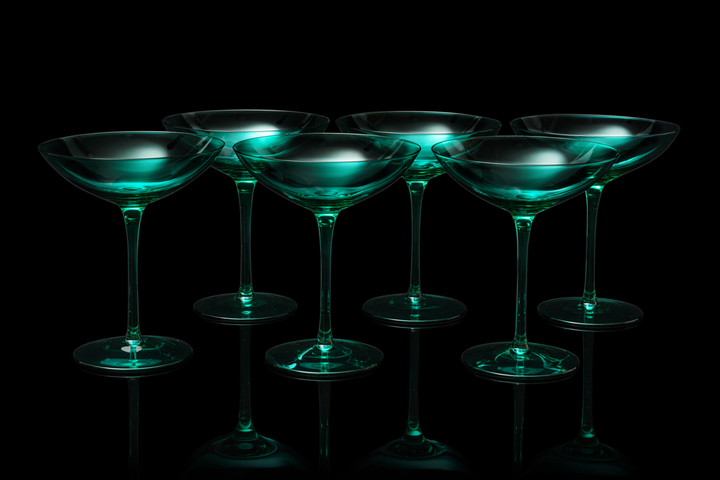 The Wine Savant Colored Vintage Glass Coupes 12oz Colorful Cocktail, Martini & Champagne Glasses, Prosecco, Mimosa Glasses Set, Cocktail Glass Set, Bar Glassware Luster Glasses, Modern (6, Teal) by The Wine Savant