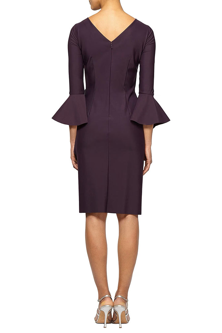 Alex Evenings Boat Neck Bell Sleeve Embellished Brooch Cascade Ruffle Side Solid Scuba Crepe Dress by Curated Brands