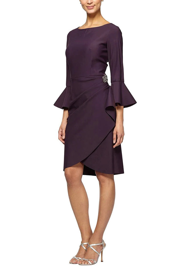 Alex Evenings Boat Neck Bell Sleeve Embellished Brooch Cascade Ruffle Side Solid Scuba Crepe Dress by Curated Brands