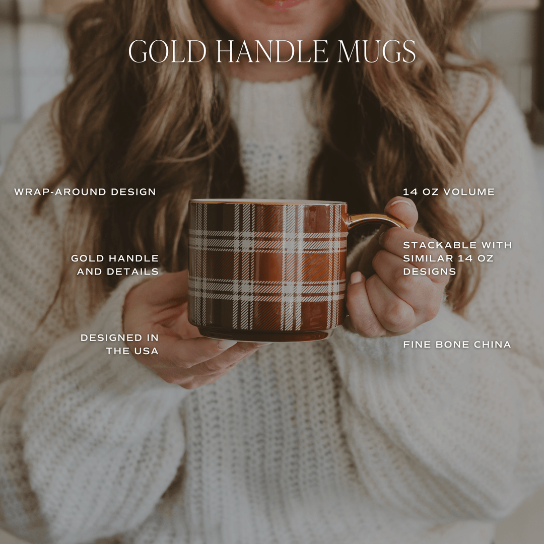 Brown Plaid 14 oz Gold Handle Coffee Mug