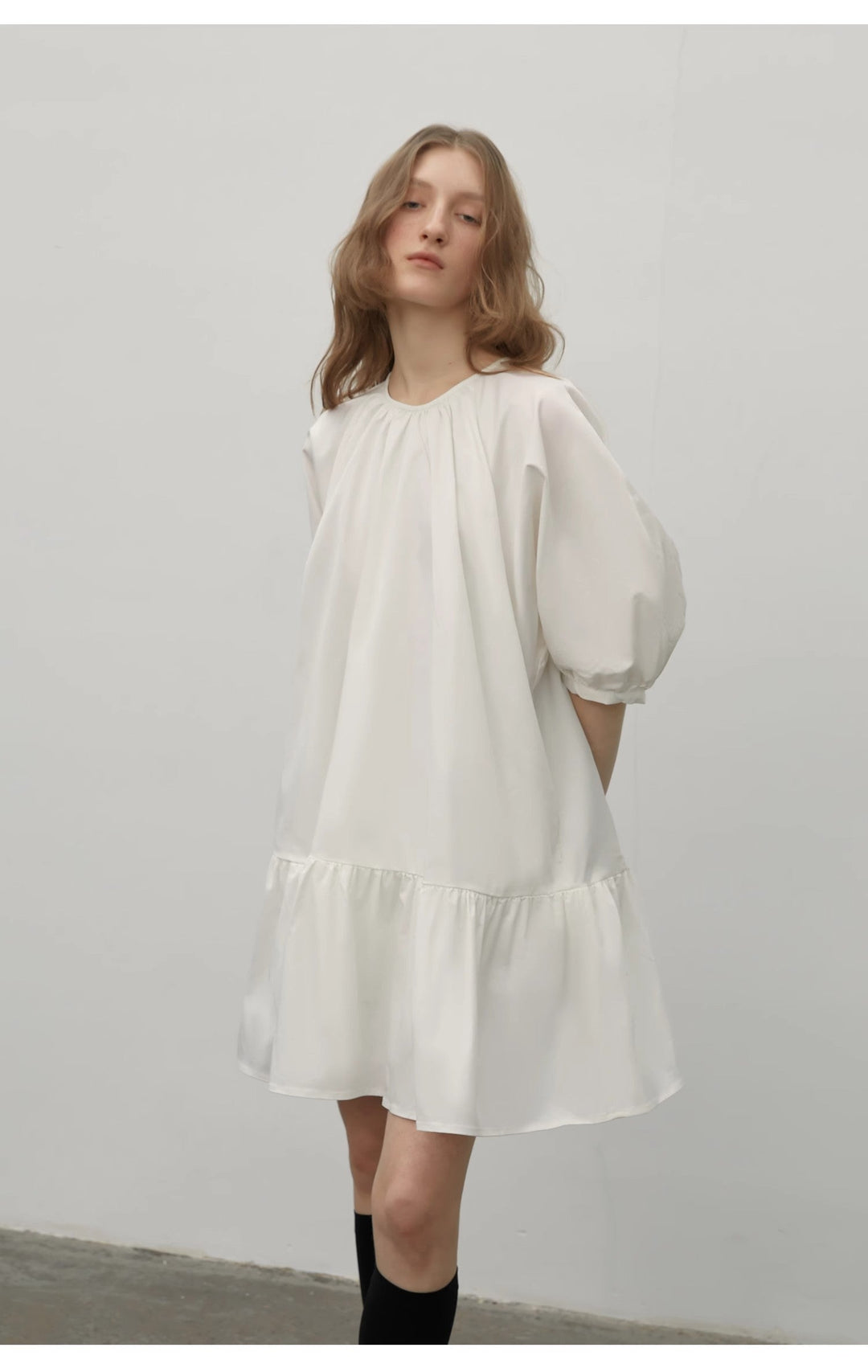 "Dream Island" Hepburn style white dress temperament high-end puff sleeve dress for women by Firelady Fur