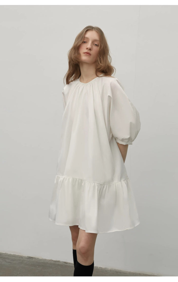 "Dream Island" Hepburn style white dress temperament high-end puff sleeve dress for women by Firelady Fur