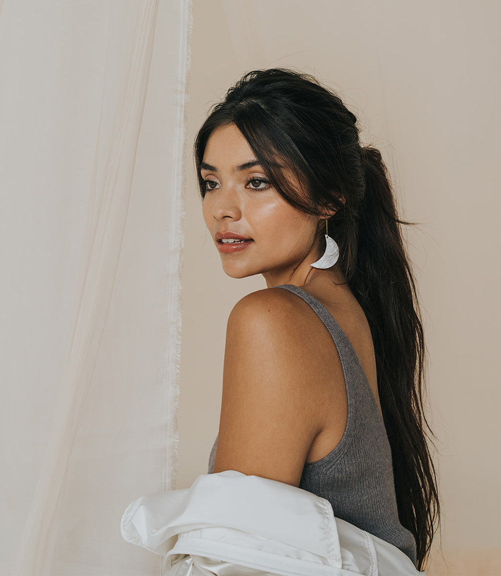 Rajani Crescent Moon Drop Earrings - Mother of Pearl by Matr Boomie