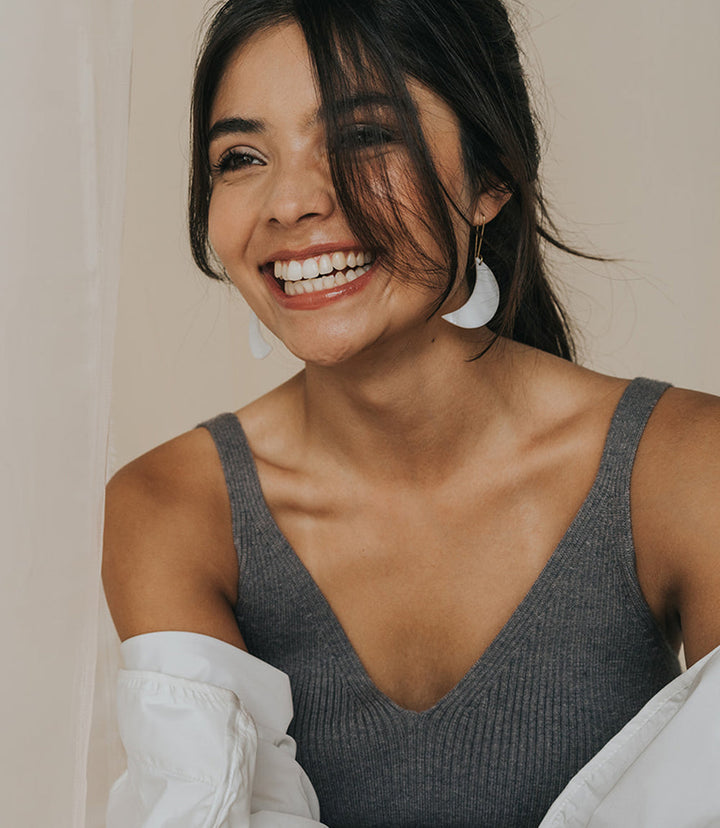 Rajani Crescent Moon Drop Earrings - Mother of Pearl by Matr Boomie