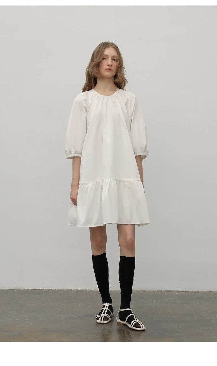 "Dream Island" Hepburn style white dress temperament high-end puff sleeve dress for women by Firelady Fur