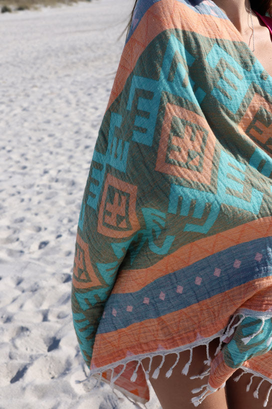 Aztec Pattern Orange - Turkish Towel by Sun Drunk