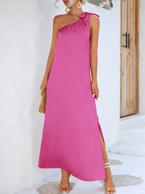 Loose Sleeveless Solid Color One-Shoulder Maxi Dresses by migunica