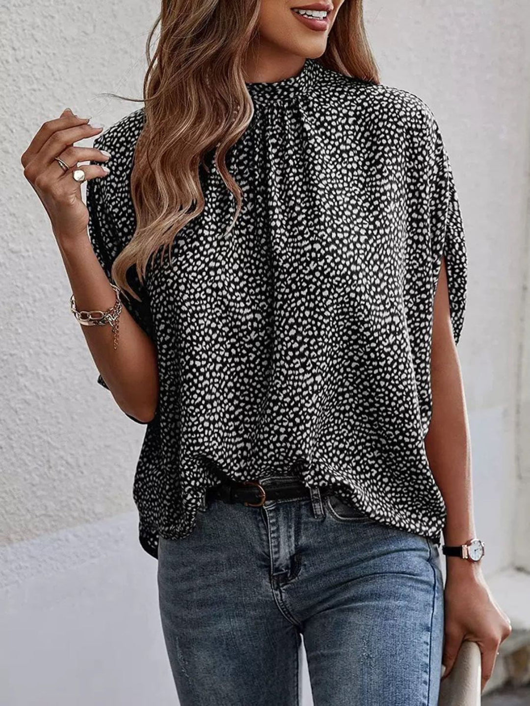 Tied Printed Mock Neck Half Sleeve Blouse by Coco Charli