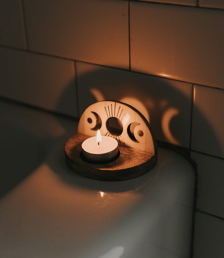 Indukala Moon Phase Tealight Candle Holder - Carved Bone Wood by Matr Boomie
