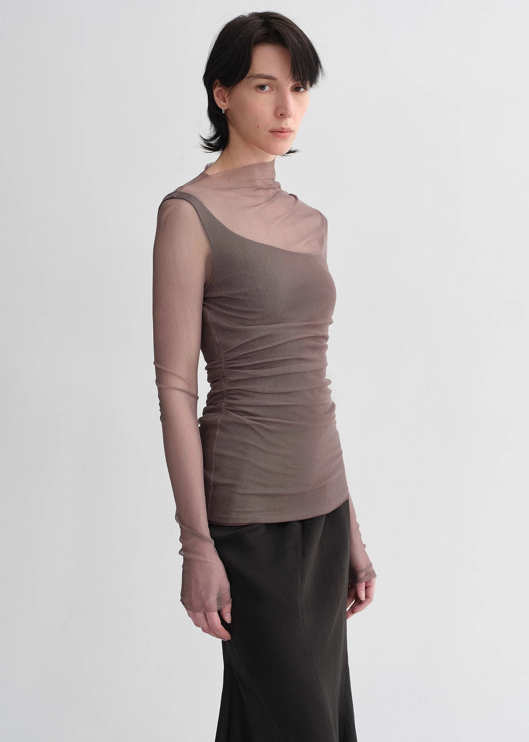 Double-layer transparent oblique collar pinched pleat half-high collar slim fit fake two-piece knitted T-shirt tops for women by Firelady Fur