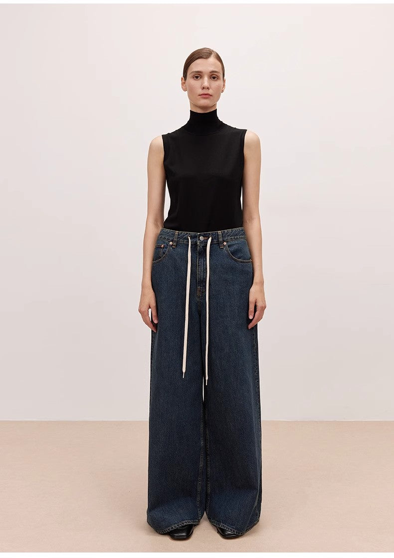 "Retro Blues" fashionable high waist pleated design washed casual wide leg jeans for women by Firelady Fur