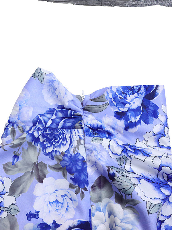Long Sleeves Floral Printed Blouse + Split-Back Solid Color Skirt Two Pieces Set by migunica