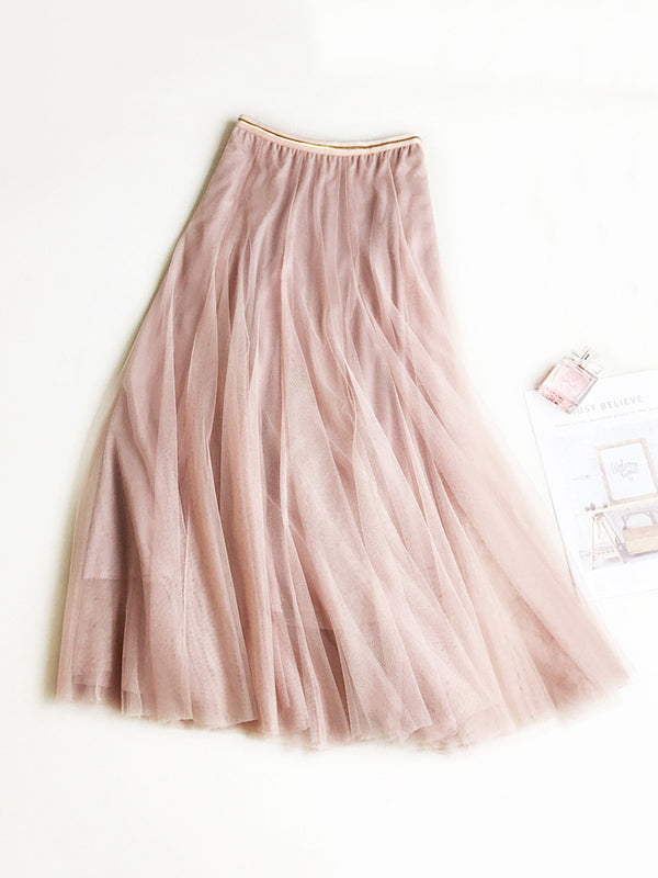 Solid Color Loose Elastic-Waist Mesh Skirt by migunica