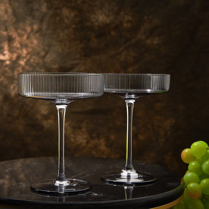 Ribbed Coupe Cocktail Glasses 8 oz | Set of 2 | Classic Manhattan Glasses For Cocktails, Champagne Coupe, Ripple Coupe Glasses, Art Deco Gatsby Vintage, Crystal with Stems (Smoke Grey) by The Wine Savant
