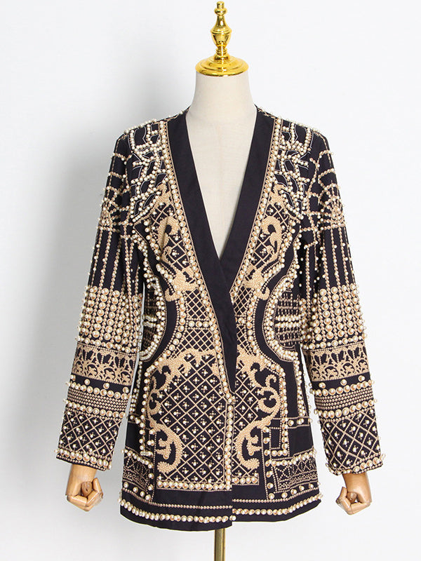 Original Creation Loose Long Sleeves Beads Printed V-Neck Blazer Outerwear by migunica