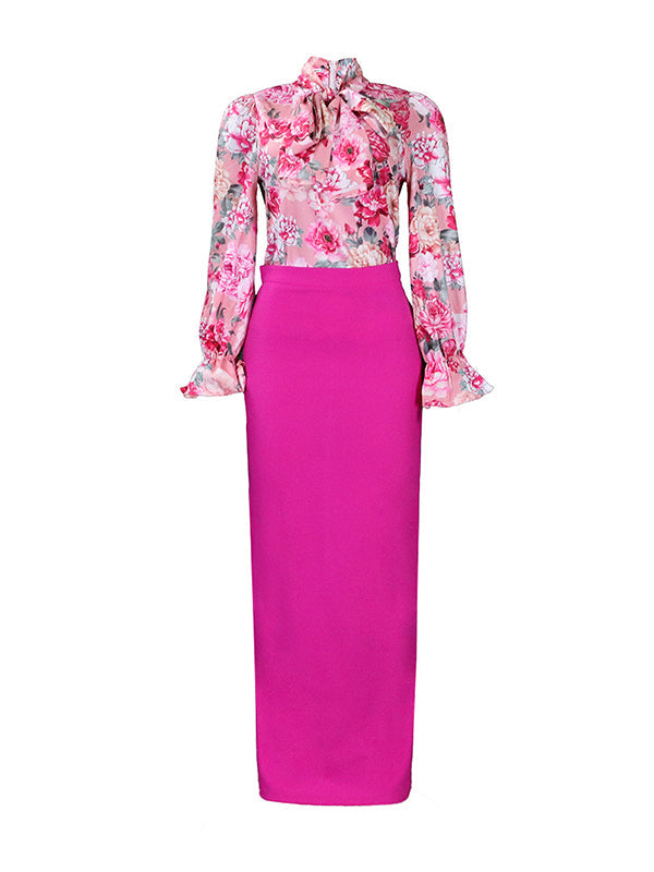 Long Sleeves Floral Printed Blouse + Split-Back Solid Color Skirt Two Pieces Set by migunica