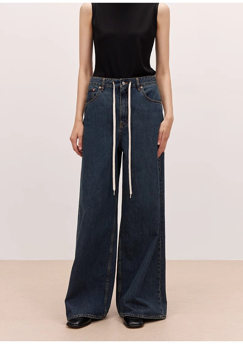 "Retro Blues" fashionable high waist pleated design washed casual wide leg jeans for women by Firelady Fur