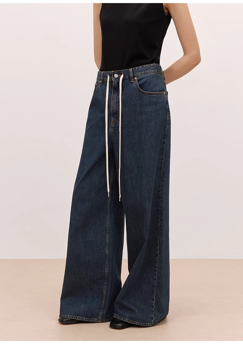 "Retro Blues" fashionable high waist pleated design washed casual wide leg jeans for women by Firelady Fur